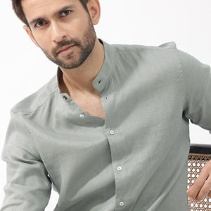 Rare Rabbit Men's Cinex Dusky Green Full Sleeve Mandarin Collar Solid Linen Shirt