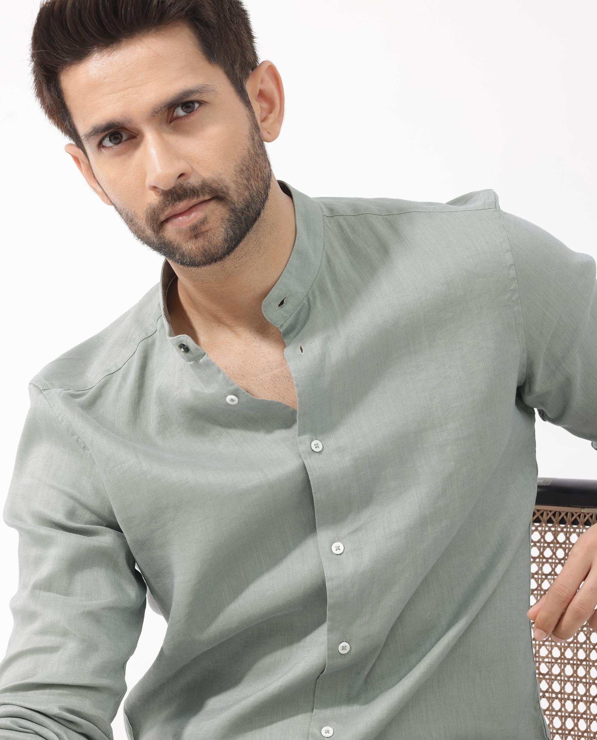 Rare Rabbit Men's Cinex Dusky Green Full Sleeve Mandarin Collar Solid Linen Shirt