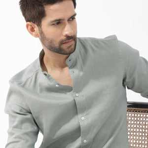 Rare Rabbit Men's Cinex Dusky Green Full Sleeve Mandarin Collar Solid Linen Shirt