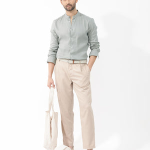 Rare Rabbit Men's Cinex Dusky Green Full Sleeve Mandarin Collar Solid Linen Shirt