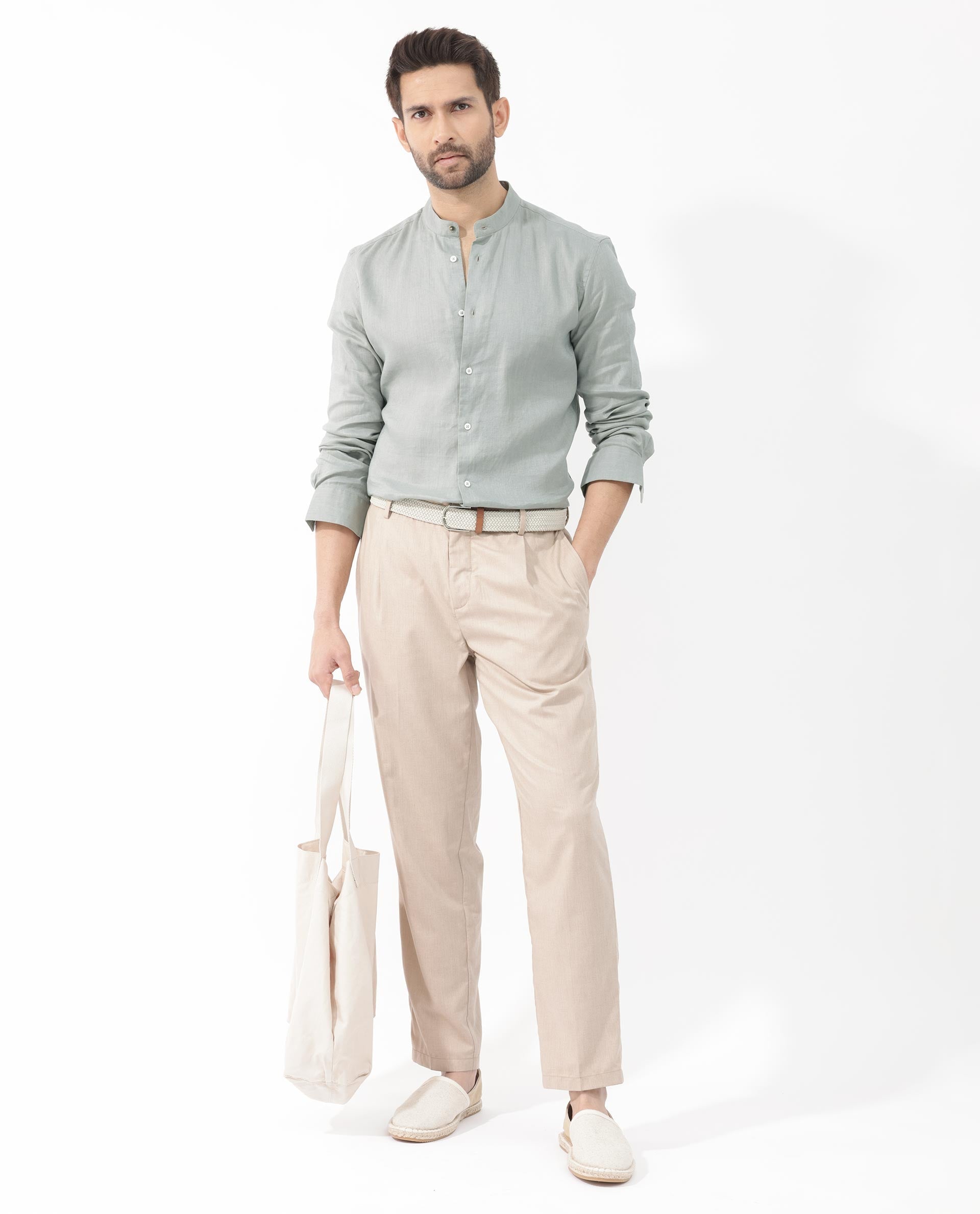 Rare Rabbit Men's Cinex Dusky Green Full Sleeve Mandarin Collar Solid Linen Shirt