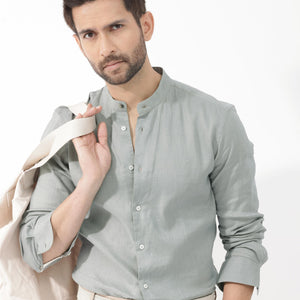 Rare Rabbit Men's Cinex Dusky Green Full Sleeve Mandarin Collar Solid Linen Shirt