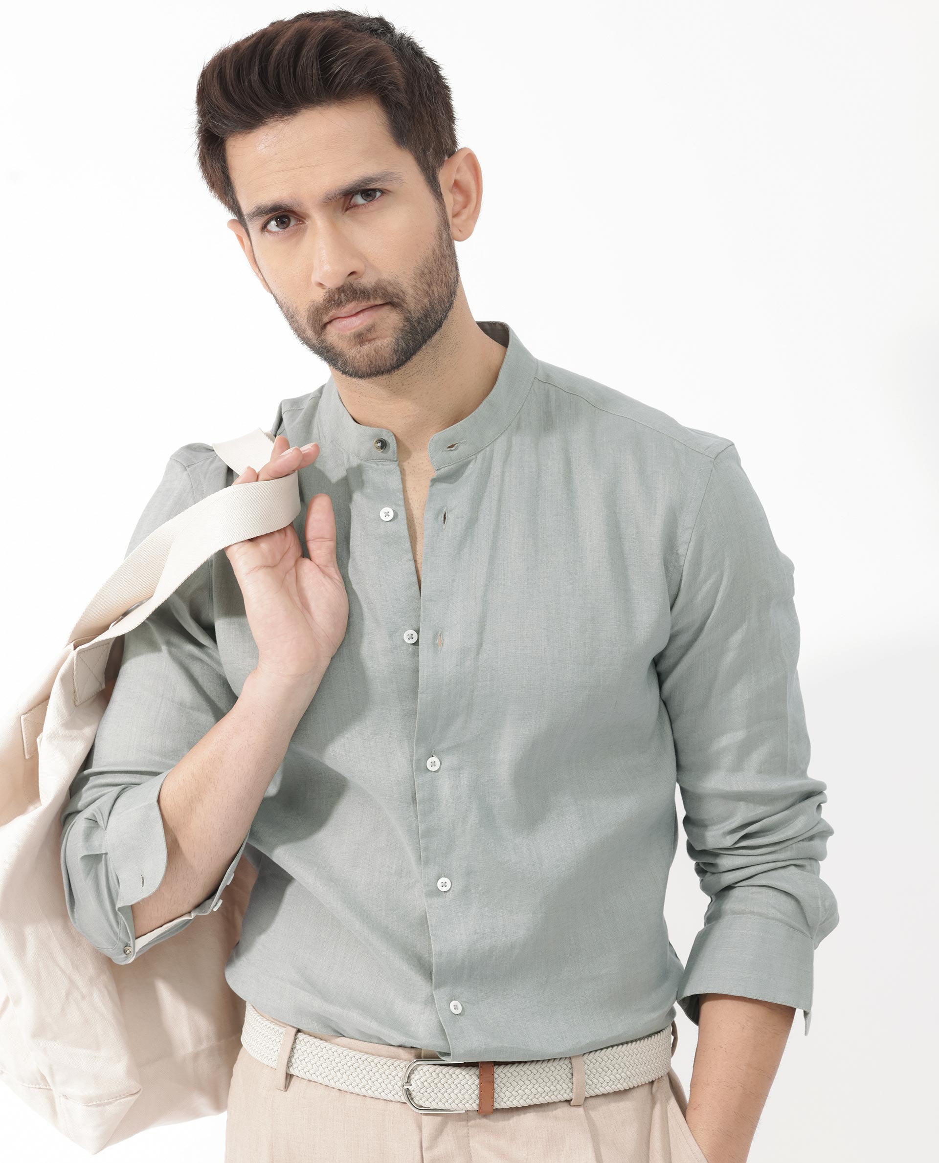 Rare Rabbit Men's Cinex Dusky Green Full Sleeve Mandarin Collar Solid Linen Shirt