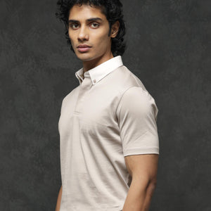 Rare Rabbit Men's Clarance Beige Half Sleeves Solid Polo T-Shirt