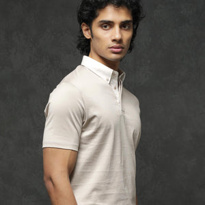Rare Rabbit Men's Clarance Beige Half Sleeves Solid Polo T-Shirt