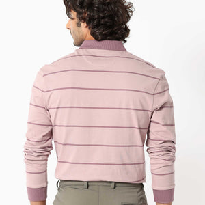 Rare Rabbit Men's Clove Dusky Pink Cotton Fabric Collared Neck Full Sleeves Striped Polo T-Shirt