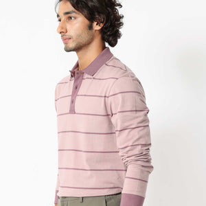 Rare Rabbit Men's Clove Dusky Pink Cotton Fabric Collared Neck Full Sleeves Striped Polo T-Shirt