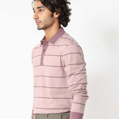 Rare Rabbit Men's Clove Dusky Pink Cotton Fabric Collared Neck Full Sleeves Striped Polo T-Shirt