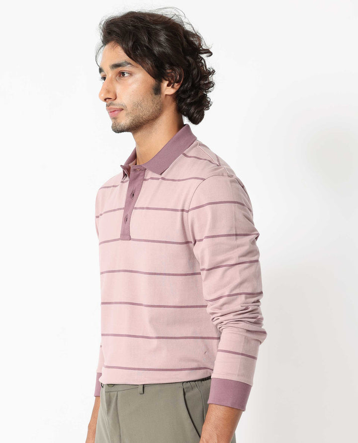 Rare Rabbit Men's Clove Dusky Pink Cotton Fabric Collared Neck Full Sleeves Striped Polo T-Shirt