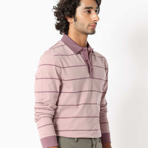 Rare Rabbit Men's Clove Dusky Pink Cotton Fabric Collared Neck Full Sleeves Striped Polo T-Shirt