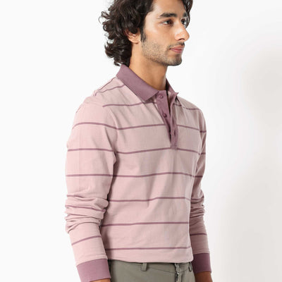 Rare Rabbit Men's Clove Dusky Pink Cotton Fabric Collared Neck Full Sleeves Striped Polo T-Shirt