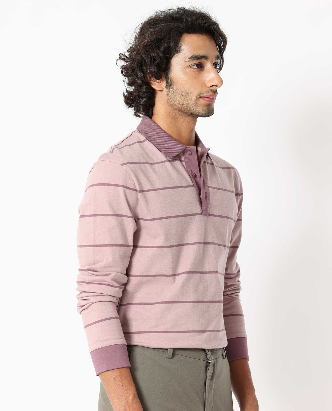 Rare Rabbit Men's Clove Dusky Pink Cotton Fabric Collared Neck Full Sleeves Striped Polo T-Shirt