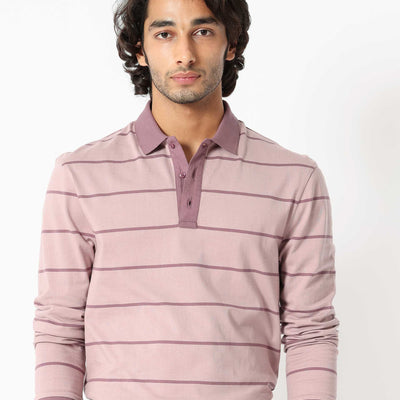 Rare Rabbit Men's Clove Dusky Pink Cotton Fabric Collared Neck Full Sleeves Striped Polo T-Shirt