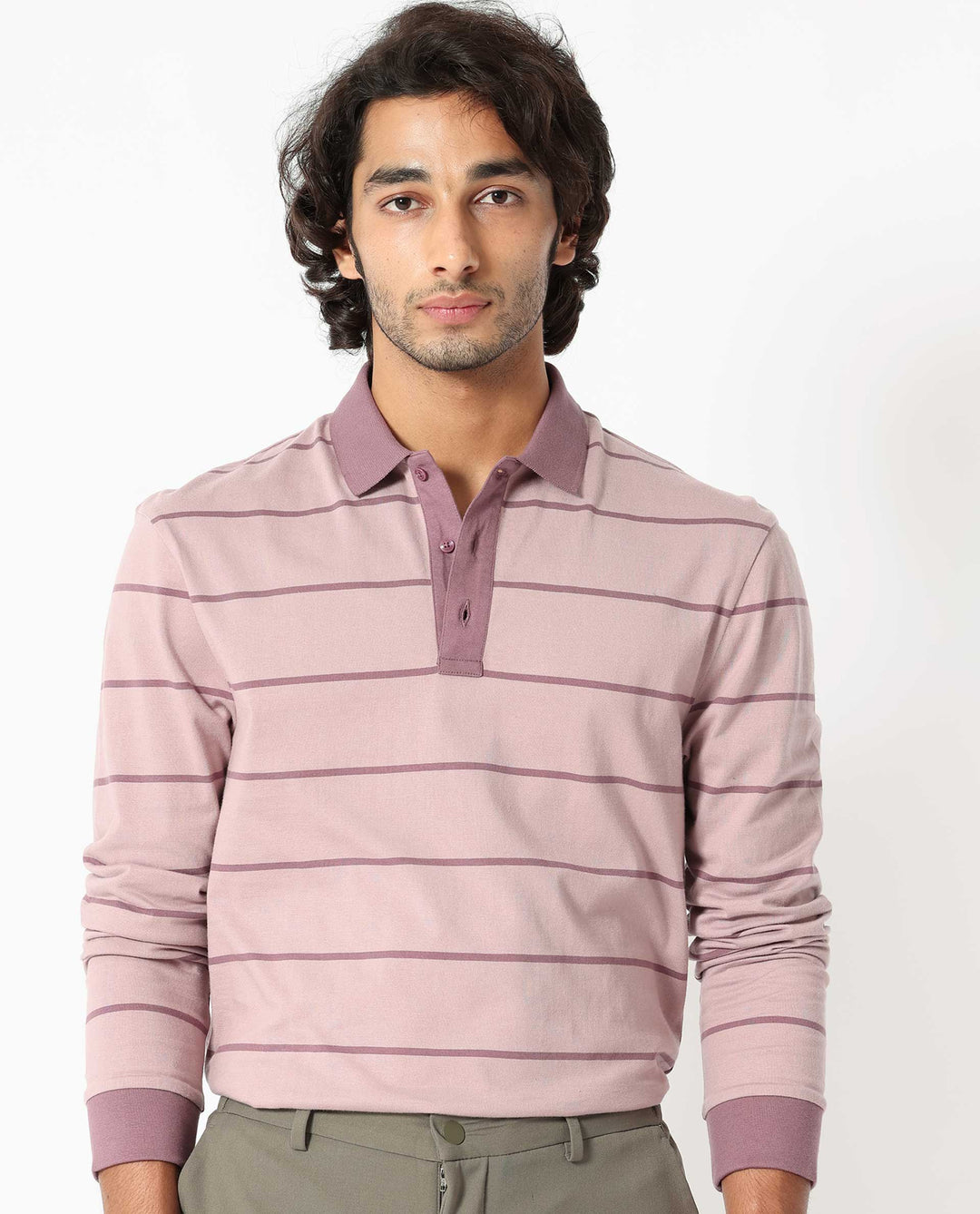 Rare Rabbit Men's Clove Dusky Pink Cotton Fabric Collared Neck Full Sleeves Striped Polo T-Shirt