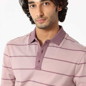 Rare Rabbit Men's Clove Dusky Pink Cotton Fabric Collared Neck Full Sleeves Striped Polo T-Shirt