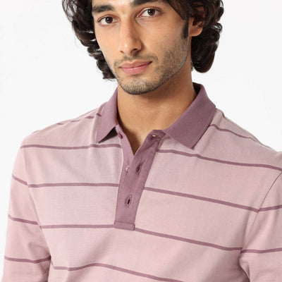 Rare Rabbit Men's Clove Dusky Pink Cotton Fabric Collared Neck Full Sleeves Striped Polo T-Shirt