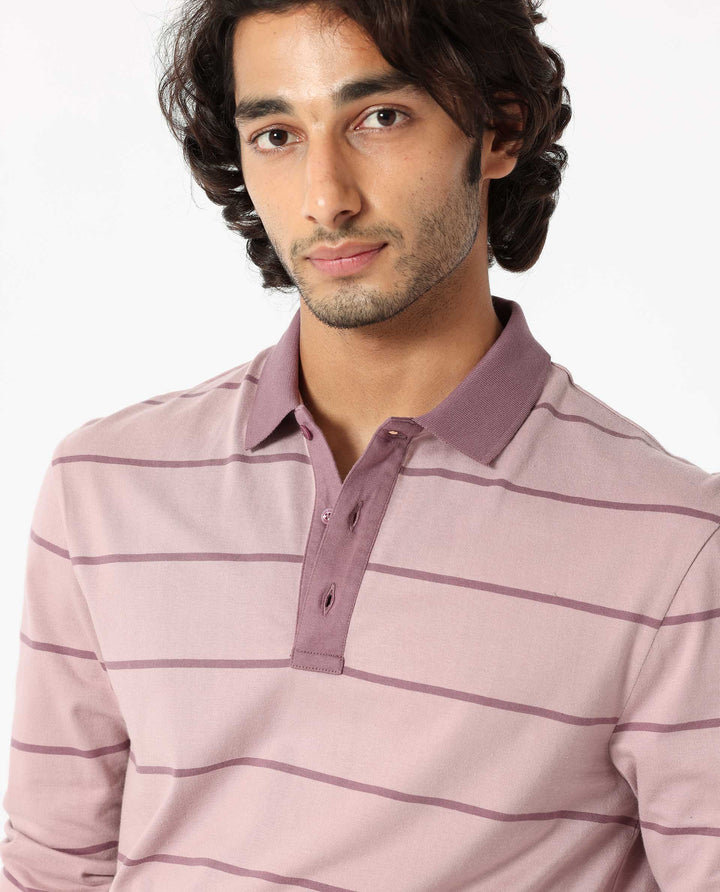 Rare Rabbit Men's Clove Dusky Pink Cotton Fabric Collared Neck Full Sleeves Striped Polo T-Shirt