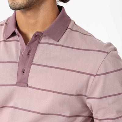 Rare Rabbit Men's Clove Dusky Pink Cotton Fabric Collared Neck Full Sleeves Striped Polo T-Shirt
