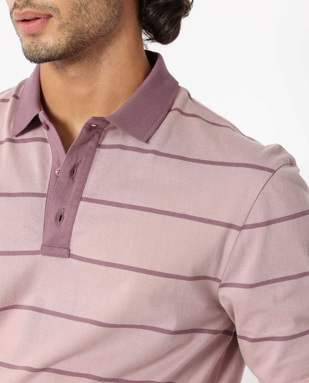 Rare Rabbit Men's Clove Dusky Pink Cotton Fabric Collared Neck Full Sleeves Striped Polo T-Shirt