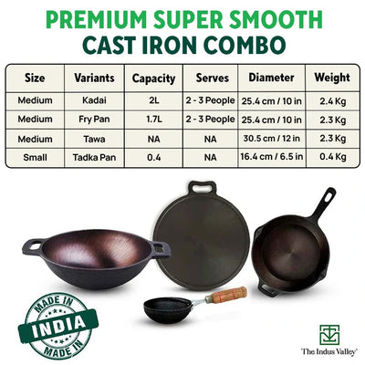 Super Smooth Cast Iron Set: Free ₹400 Tadka Pan+ Frypan+ Kadai+ Tawa, Kitchen set for Home, Nonstick, 100% Pure,Toxin-free