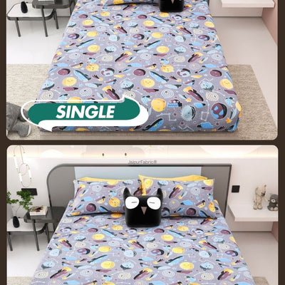 Future Astronaut Purple Soft Cotton Kids Bed Sheet Combo of 2