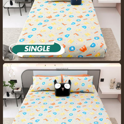 ABC Alphabet Adventure Orange and Blue Soft Cotton Kids Bed Sheet Combo of 2