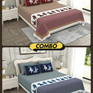 Divine Dance Maroon and Blue Cotton King Size Bedsheet Combo of 2