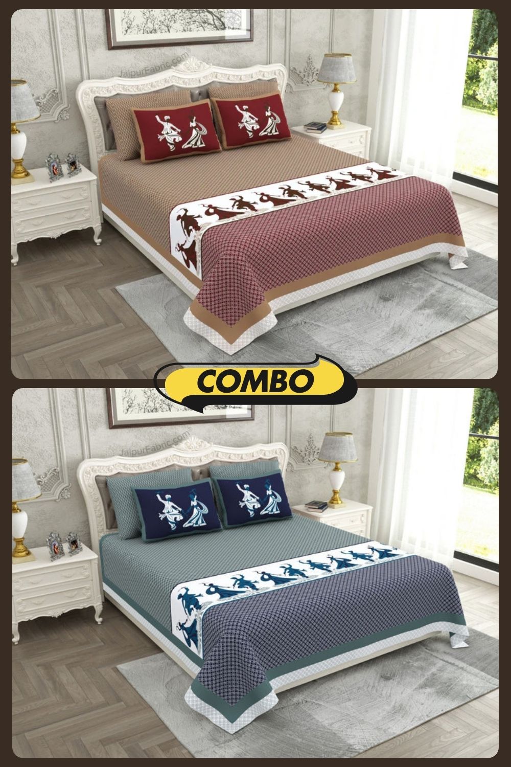 Divine Dance Maroon and Blue Cotton King Size Bedsheet Combo of 2