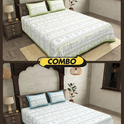 Urban Tribals Green and Blue Super King Size 10 Feet Wide Premium Cotton Bedsheet Combo of 2