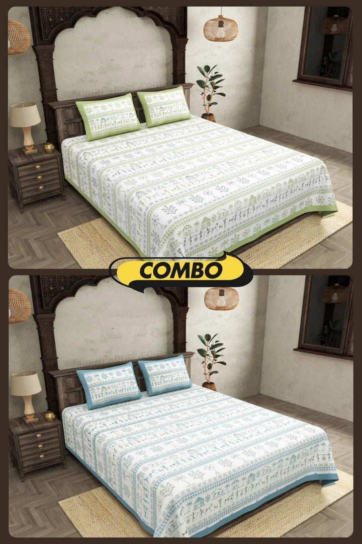 Urban Tribals Green and Blue Super King Size 10 Feet Wide Premium Cotton Bedsheet Combo of 2