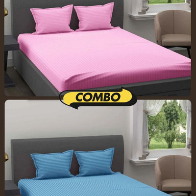 Light Pink and Sky Blue Satin Stripes Double Bedsheet Combo of 2