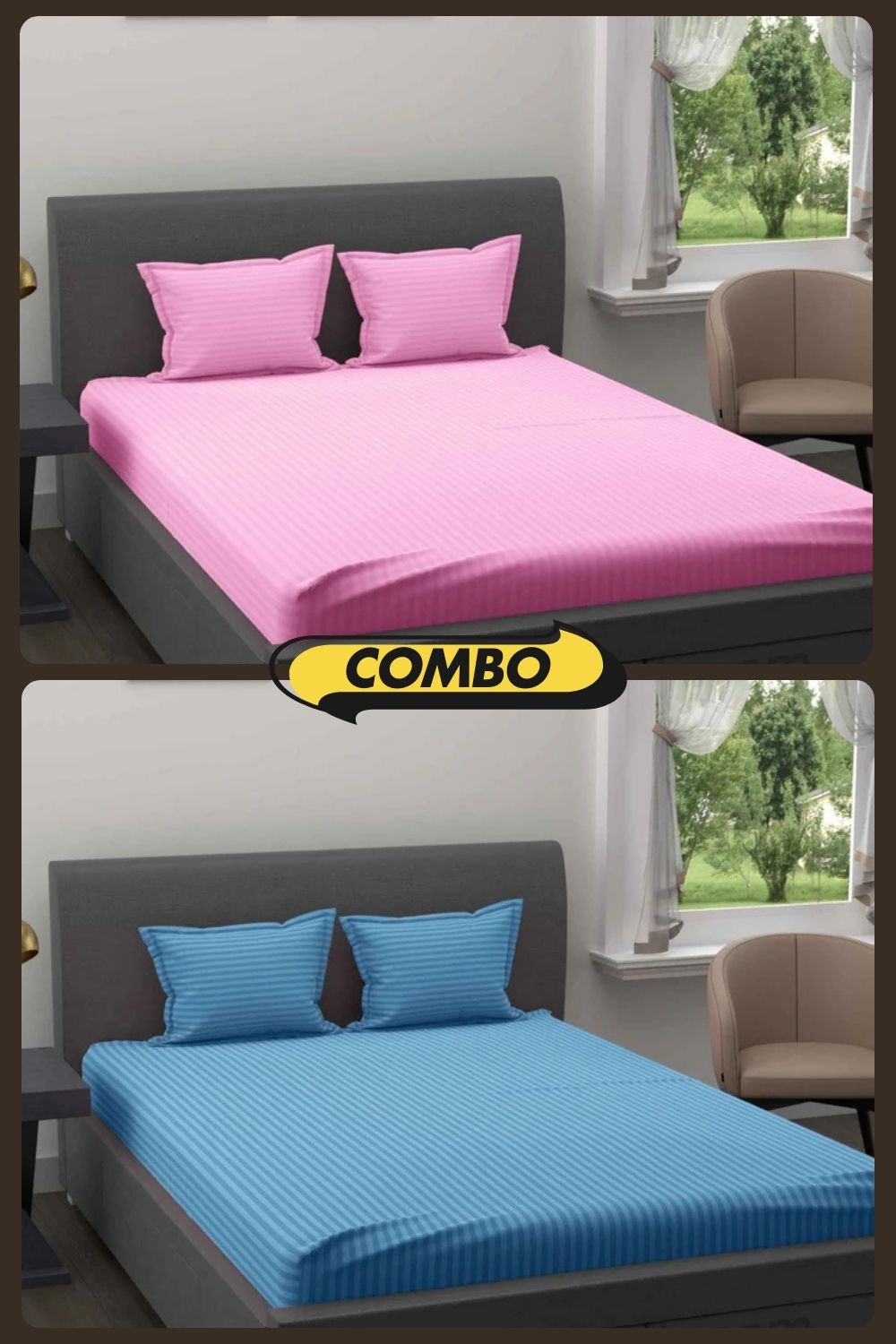 Light Pink and Sky Blue Satin Stripes Double Bedsheet Combo of 2