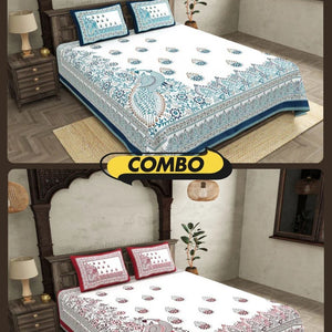 Artistic Beauty Contrast Pink and Blue King Size 10 Feet Wide Premium Cotton Bedsheet Combo of 2