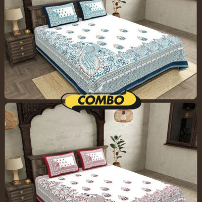 Artistic Beauty Contrast Pink and Blue King Size 10 Feet Wide Premium Cotton Bedsheet Combo of 2