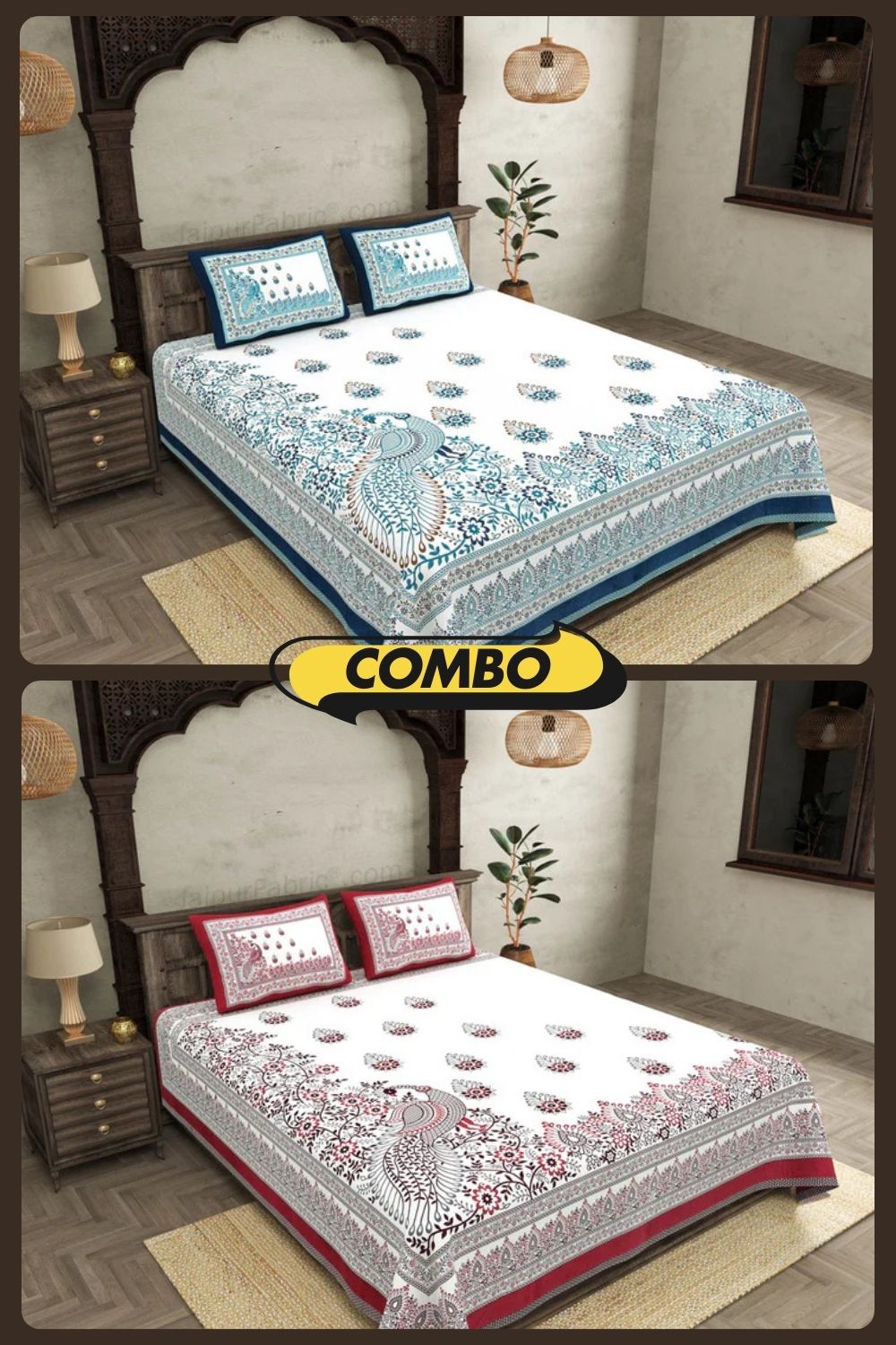 Artistic Beauty Contrast Pink and Blue King Size 10 Feet Wide Premium Cotton Bedsheet Combo of 2