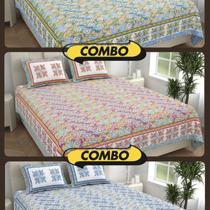 Fresh & Frisky Colourful Dales Blue and Gracious Spread Grey Pure Cotton King Size Bedsheet Combo of 3