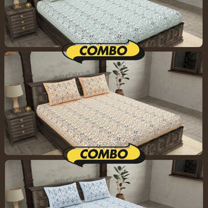 Showering Festivities Green Peach and Blue Pure Cotton Double Bedsheet Combo of 3