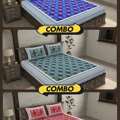 The Traditional Touch Blue Red and Green Pure Cotton Double Bedsheet Combo of 3