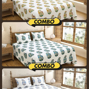 Hand Block Printed Floral Valley Indian Kairi Design King Size Bedsheet Combo of 3