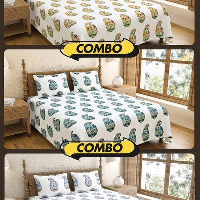 Hand Block Printed Floral Valley Indian Kairi Design King Size Bedsheet Combo of 3