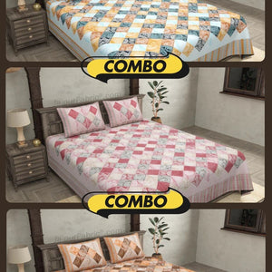 Ethnic Tiles Blue Orange and Pink Double Bedsheet Combo of 3
