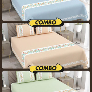 Eco-Friendly Blue Peach and Green Pure Cotton King Size Double Bedsheet Combo of 3
