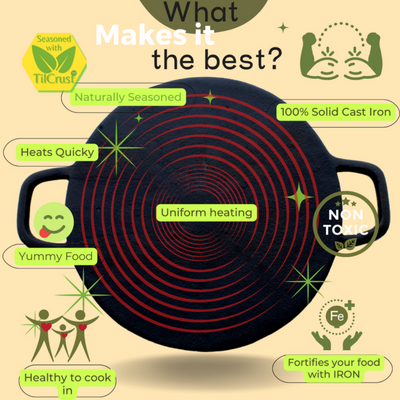 Trilonium Pre-Seasoned Cast Iron Concave Roti - Dosa Tawa | Gas & Induction Compatible | Black