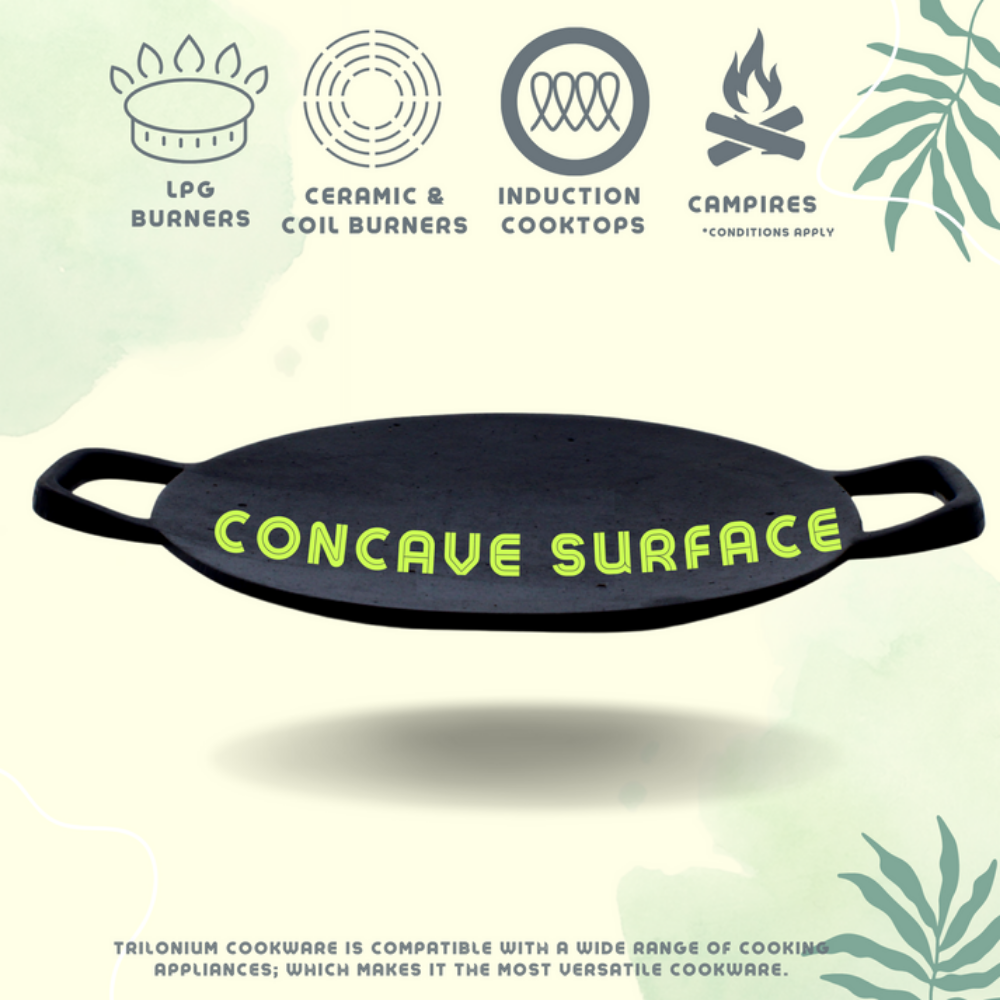 Trilonium Pre-Seasoned Cast Iron Concave Roti - Dosa Tawa | Gas & Induction Compatible | Black