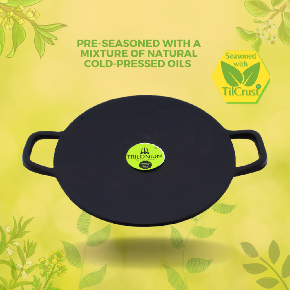 Trilonium Pre-Seasoned Cast Iron Concave Roti - Dosa Tawa | Gas & Induction Compatible | Black