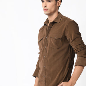 Rare Rabbit Men's Cordini Brown Cotton Fabric Full Sleeves Solid Shirt