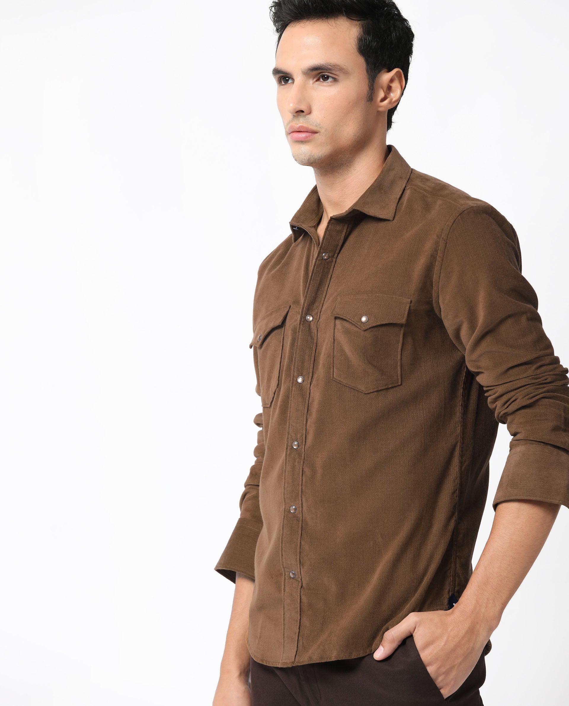 Rare Rabbit Men's Cordini Brown Cotton Fabric Full Sleeves Solid Shirt