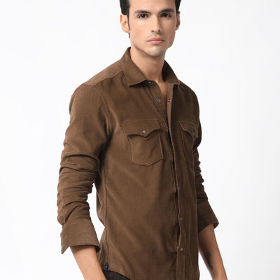 Rare Rabbit Men's Cordini Brown Cotton Fabric Full Sleeves Solid Shirt