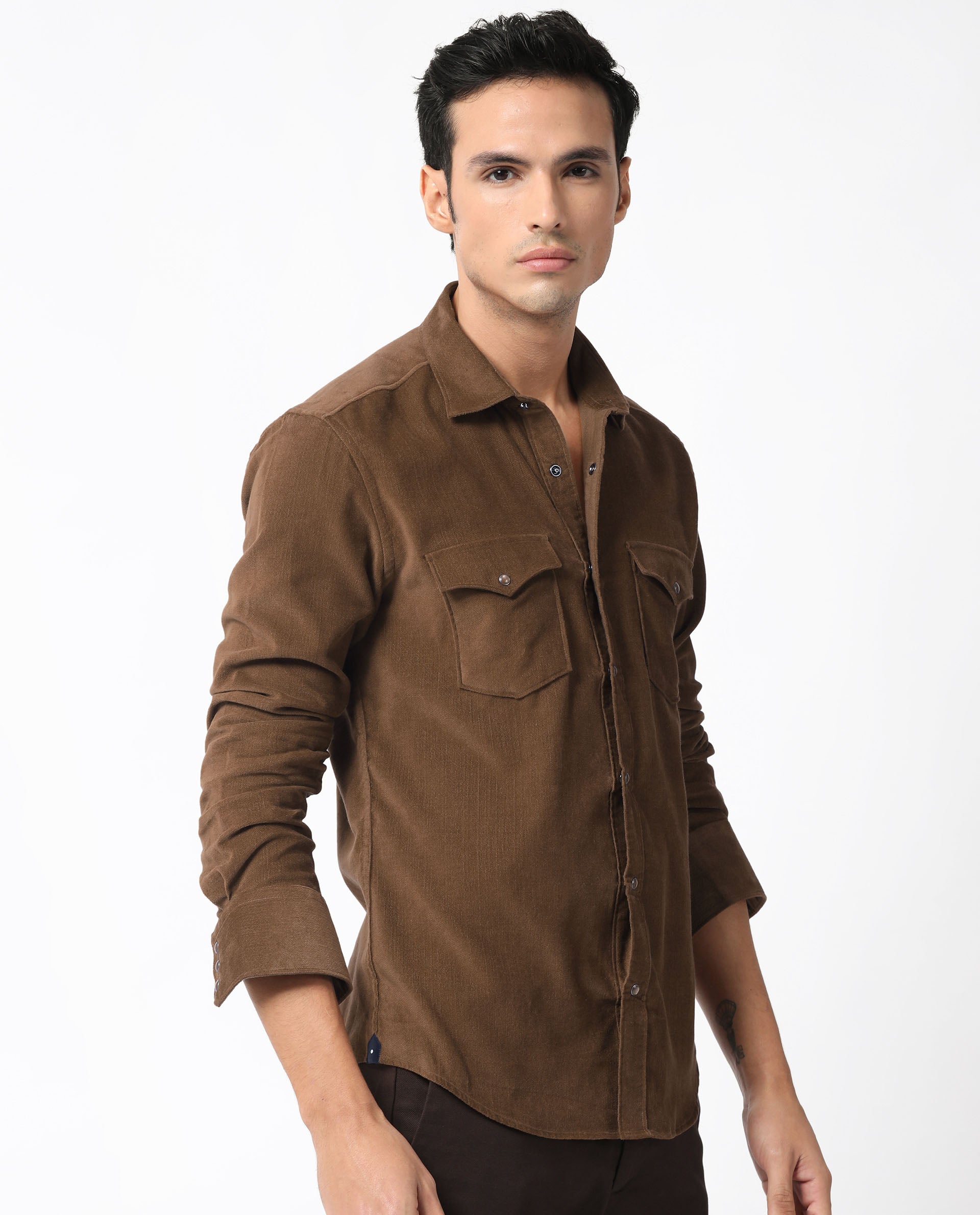 Rare Rabbit Men's Cordini Brown Cotton Fabric Full Sleeves Solid Shirt