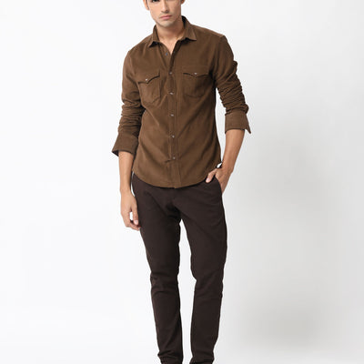 Rare Rabbit Men's Cordini Brown Cotton Fabric Full Sleeves Solid Shirt